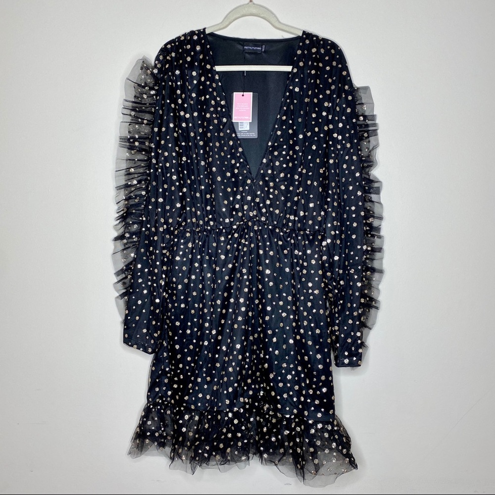 PrettyLittleThing Black and Gold Polka Dot Mini Dress - Picture 3 of 8